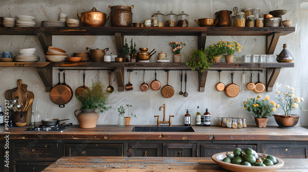A rustic kitchen with wooden countertops, open shelving, and a large farmhouse sink, accented by copper pots and pans and vintage kitchen tools A rustic kitchen with wooden countertops, open shelving, and a large farmhouse sink, accented by copper pots and pans and vintage kitchen tools