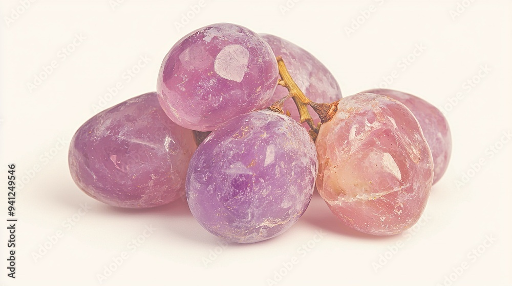   A cluster of grapes resting atop a white background with prominent yellow stems extending from them