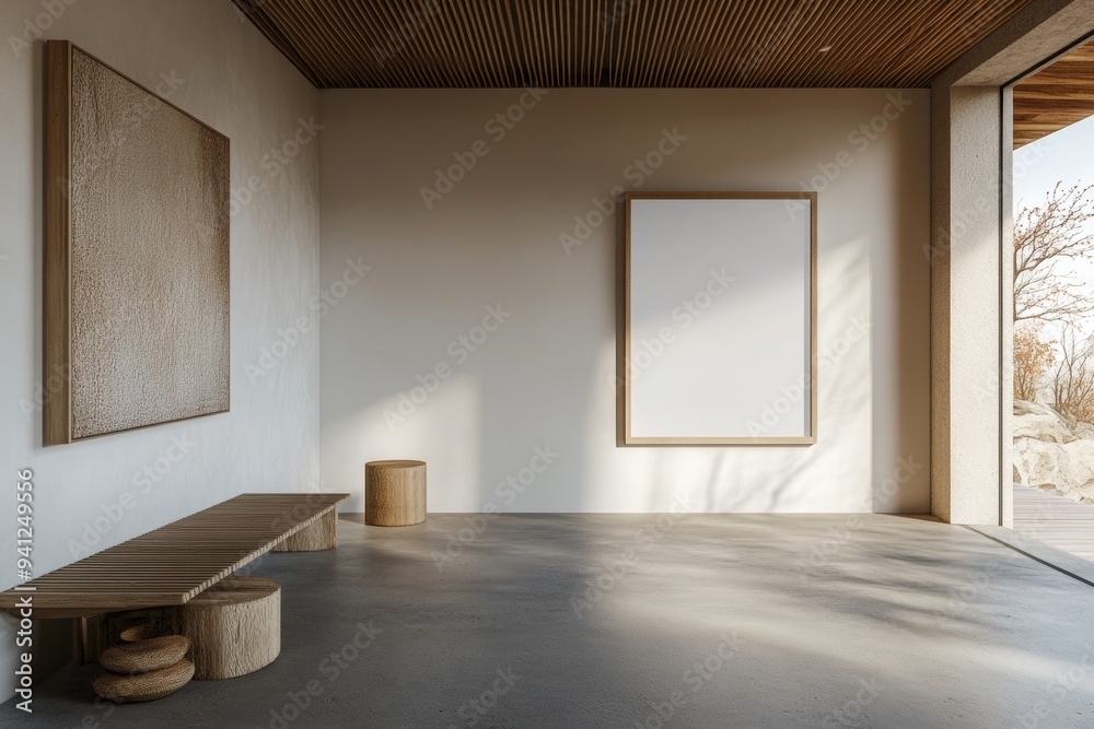 Fototapeta premium 3D rendering of modern bedroom with large empty wall and wood ceiling in the foreground. Light, minimalist design.