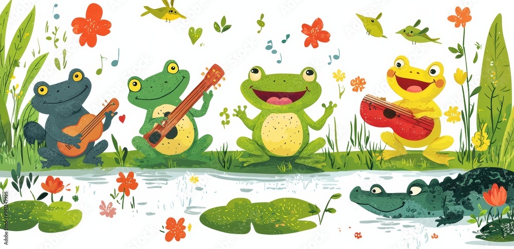 Naklejka premium The animals of the swamp or pond are participating in a music festival. Frogs playing musical instruments. There is amusing wildlife on the lake for children. Watercolor illustration in the modern