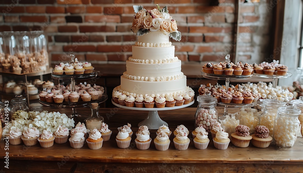 A large white wedding cake sits on a table surrounded by rows of cupcakes and other desserts. A large white wedding cake sits on a table surrounded by rows of cupcakes and other desserts.
