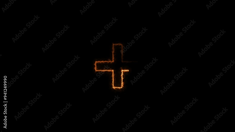 Business conceptual neon plus icon background, on black background.