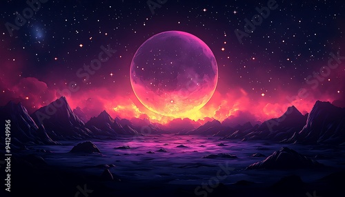 A large, glowing pink moon hangs over a mountainous landscape, with a starry night sky and a red glow reflecting off the clouds.