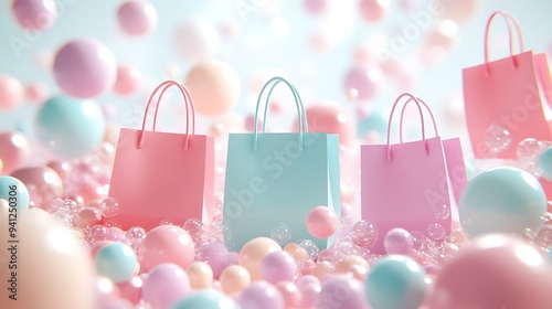 Colorful shopping bags surrounded by pastel-colored bubbles create a whimsical and fun shopping and celebration theme.