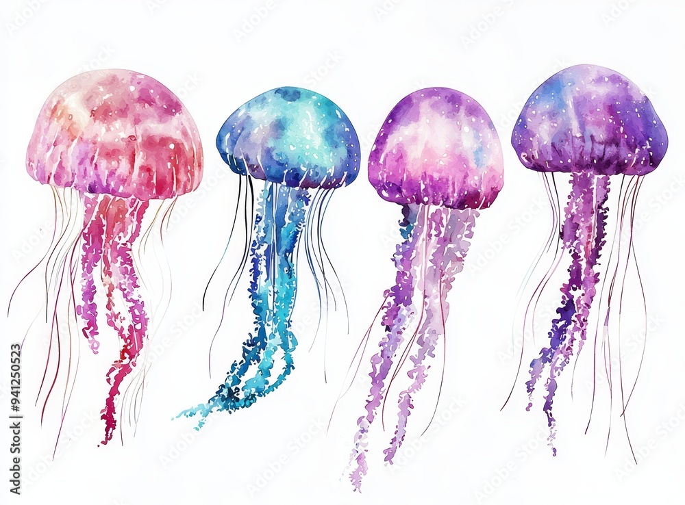 Detailed watercolor painting of a jellyfish marine animal organism set. Detailed watercolor painting of a jellyfish marine animal organism set.