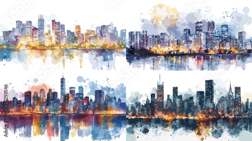 The four cityscapes are all painted with a watercolor style, featuring a mix of bright and dark colors. The mood of the images is one of urban life, with the cityscapes featuring tall buildings