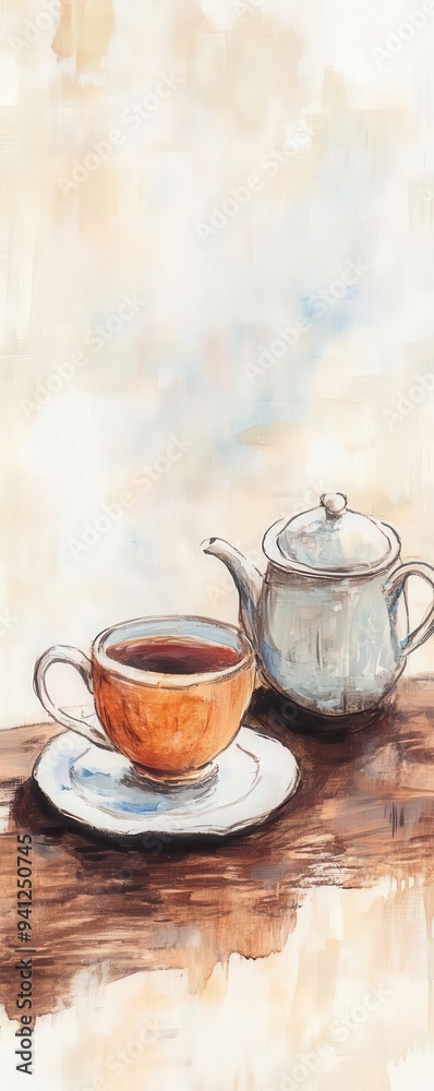 Fototapeta premium A serene still life of a teacup and teapot, creating a warm atmosphere perfect for tea lovers and cozy settings.