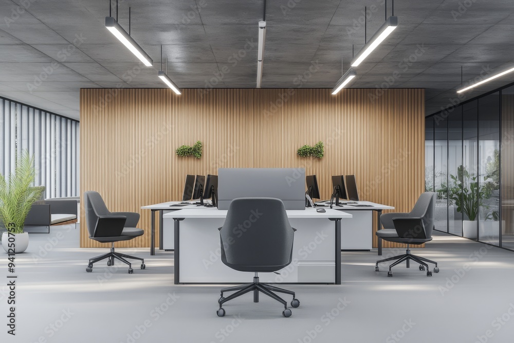 Fototapeta premium An office business interior with a meeting room and coworking space