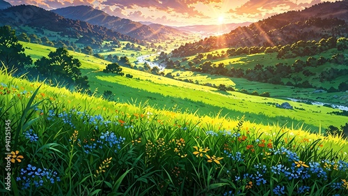 lush green valley with rolling hills dotted with wildflower background photo