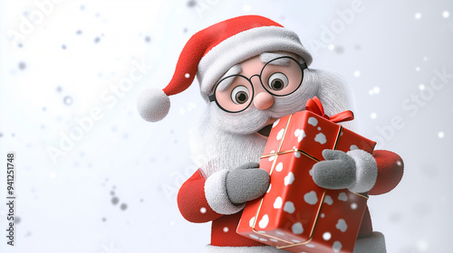 A 3D rendering of a cute Santa Claus with a gift in his hand on white background, christmas greeting card, happy new year athosphere photo