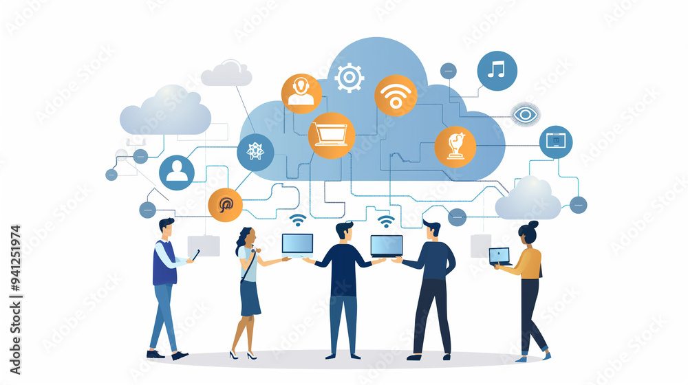 Cloud computing concept with professionals collaborating, featuring data security, connectivity, and digital transformation icons. Cloud computing concept with professionals collaborating, featuring data security, connectivity, and digital transformation icons.