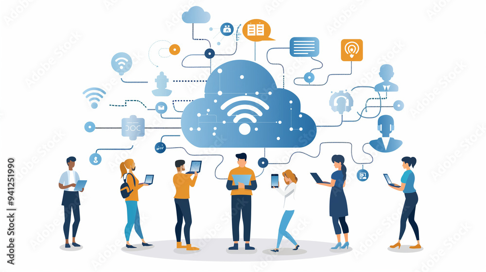 Cloud computing concept with professionals collaborating, featuring data security, connectivity, and digital transformation icons. Cloud computing concept with professionals collaborating, featuring data security, connectivity, and digital transformation icons.