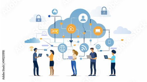 Cloud computing concept with professionals collaborating, featuring data security, connectivity, and digital transformation icons.