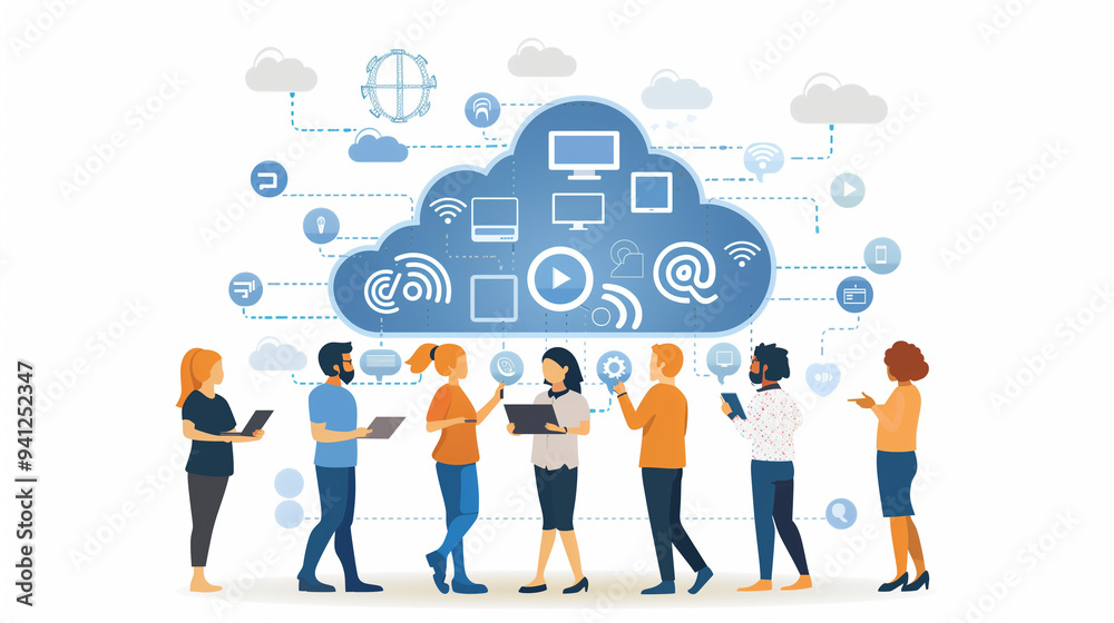 Cloud computing concept with professionals collaborating, featuring data security, connectivity, and digital transformation icons. Cloud computing concept with professionals collaborating, featuring data security, connectivity, and digital transformation icons.