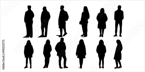 Dynamic set silhouettes of a man and woman in various styles on a white background