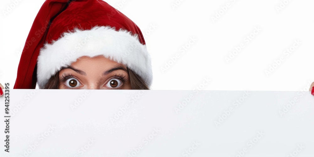 For Christmas marketing, use a joyful woman in a Santa hat peeping over a blank sign to capture the holiday spirit. Ideal for promoting festive offers and events, spreading cheer and joy For Christmas marketing, use a joyful woman in a Santa hat peeping over a blank sign to capture the holiday spirit. Ideal for promoting festive offers and events, spreading cheer and joy