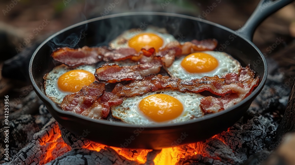 rustic camping scene with a cast iron skillet full of sizzling bacon and eggs cooking over an open fire morning light filters through misty forest creating a cozy and adventurous atmosphere rustic camping scene with a cast iron skillet full of sizzling bacon and eggs cooking over an open fire morning light filters through misty forest creating a cozy and adventurous atmosphere