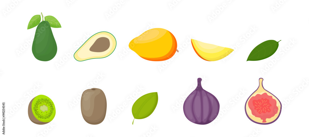 Colored fruit set isolated on a white background. Tropical fruits. Vector Illustration, icon. Avocado, mango, kiwi, fig in hand-drawn style. Colored fruit set isolated on a white background. Tropical fruits. Vector Illustration, icon. Avocado, mango, kiwi, fig in hand-drawn style.