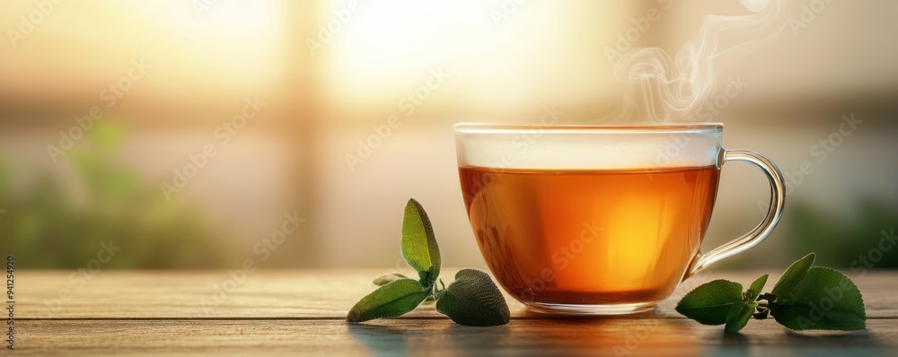 A steaming cup of tea surrounded by fresh leaves, capturing the essence of warmth and comfort in a serene setting. A steaming cup of tea surrounded by fresh leaves, capturing the essence of warmth and comfort in a serene setting.