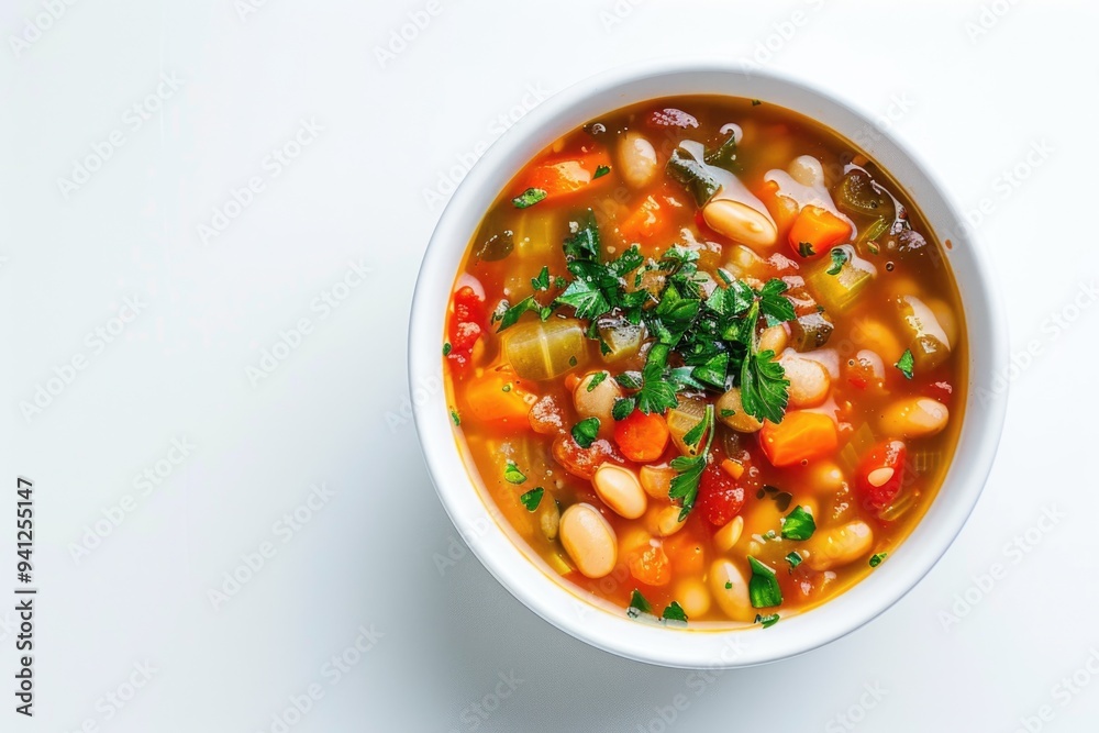 Warm bean soup with vegetables, served in a bowl Warm bean soup with vegetables, served in a bowl
