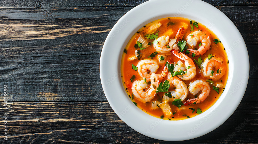 Tomato soup with shrimps, vegetables, and parsley in a white bowl on a rustic wooden table Tomato soup with shrimps, vegetables, and parsley in a white bowl on a rustic wooden table
