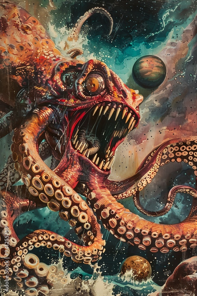 Fototapeta premium Giant space kraken octopus monster pulp sci-fi creature design