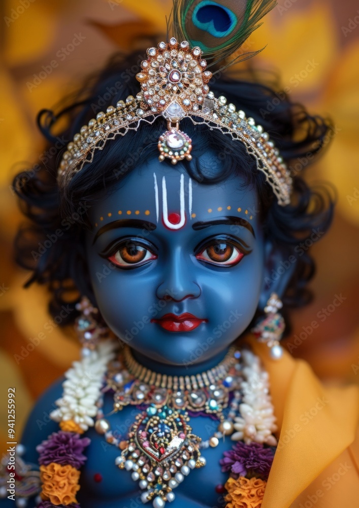 Portrait of baby Hindu god Lord Krishna. Banner for Krishna Janmashtami, Govardhan Puja, Vishu Kani. Greeting card for Indian religious festival. Closeup, copy space. Portrait of baby Hindu god Lord Krishna. Banner for Krishna Janmashtami, Govardhan Puja, Vishu Kani. Greeting card for Indian religious festival. Closeup, copy space.