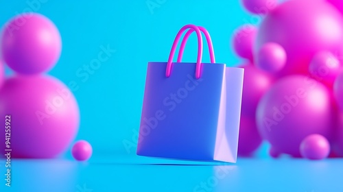 Vibrant presentation of a blue shopping bag with pink handles against a blue and pink bubble background, highlighting retail and marketing concepts.