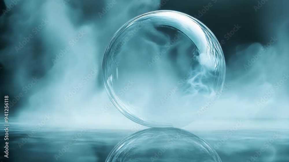 Mysterious glass sphere with swirling smoke inside, floating in a dark, misty environment Mysterious glass sphere with swirling smoke inside, floating in a dark, misty environment