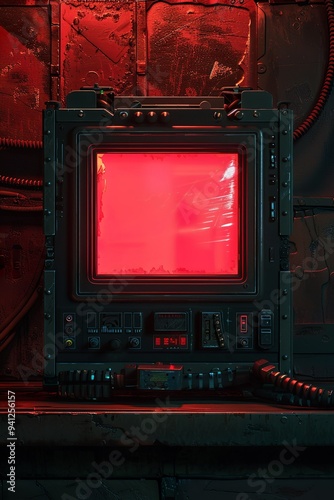 Digital cyberpunk handheld mobile device with led screen and glowing buttons and scanlines