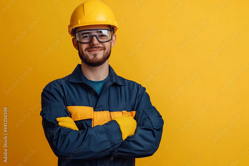 Worker wearing hard hat smiling positively Worker wearing hard hat smiling positively