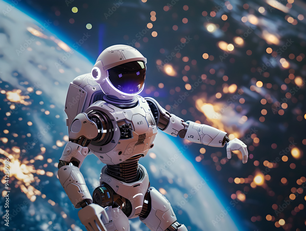 Robot in white space suit conducts experiment aboard spaceship in outer space surrounded by stars. Robot in white space suit conducts experiment aboard spaceship in outer space surrounded by stars.