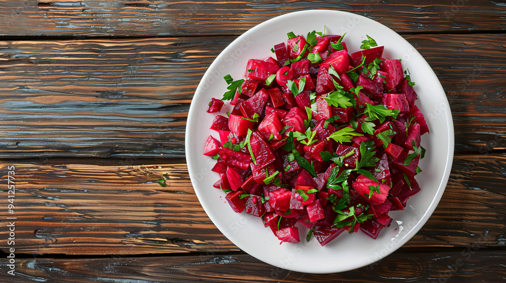 White plate with fresh beetroot salad seasoned with herbs on rustic wooden table
