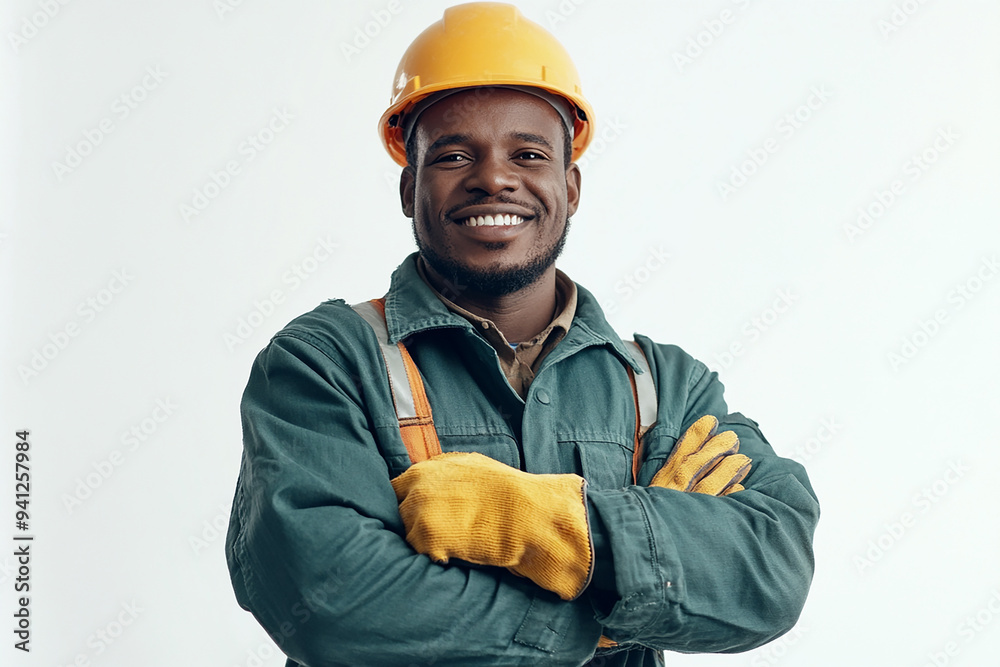Worker wearing hard hat smiling positively Worker wearing hard hat smiling positively