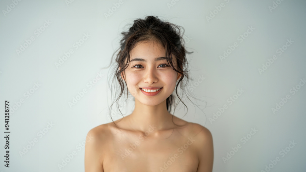 Obraz premium A beautiful Japanese woman with long flowing hair smiles radiantly in a white sleeveless top. The simplicity of the outfit and her joyful expression make.