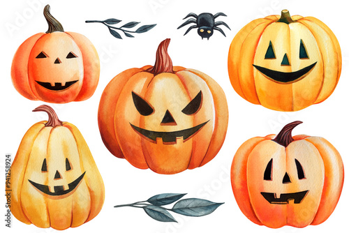 Halloween orange pumpkins set watercolor isolated background. Hand drawn autumn clipart. Cartoon pumpkins, spider, leaf  photo