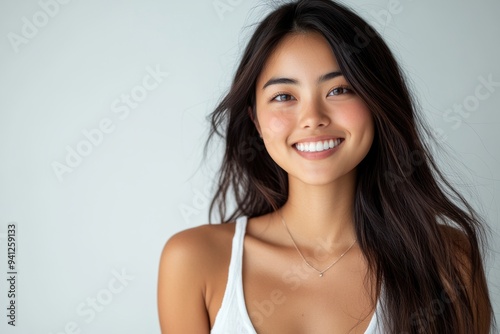 A beautiful Japanese woman with long flowing hair smiles radiantly in a white sleeveless top. The simplicity of the outfit and her joyful expression make.