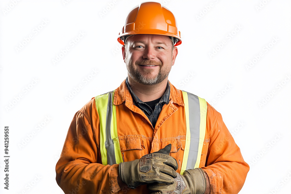 Worker wearing hard hat smiling positively