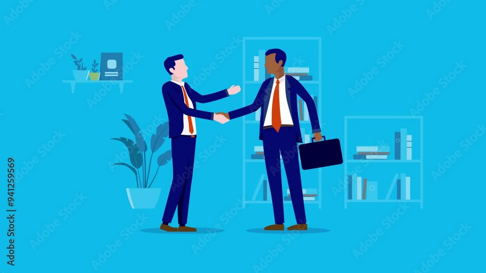 Business handshake in office animation - Flat design vector characters of two businessmen doing handshake over corporate agreement, negotiation and deal at work Business handshake in office animation - Flat design vector characters of two businessmen doing handshake over corporate agreement, negotiation and deal at work