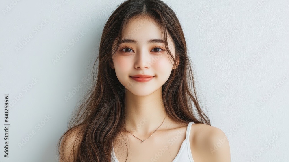 A beautiful Japanese woman with long flowing hair smiles radiantly in a white sleeveless top. The simplicity of the outfit and her joyful expression make. A beautiful Japanese woman with long flowing hair smiles radiantly in a white sleeveless top. The simplicity of the outfit and her joyful expression make.