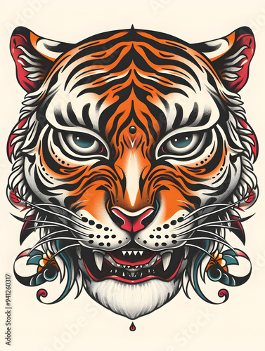 Beautiful womans face wearing tiger costume very simple traditional tattoo flash styles illustration