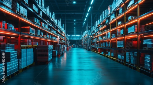 Futuristic warehouse at night with neon lights, organized chaos, long exposure effect