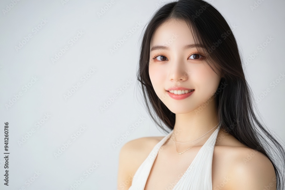 A beautiful Japanese woman with long flowing hair smiles radiantly in a white sleeveless top. The simplicity of the outfit and her joyful expression make. A beautiful Japanese woman with long flowing hair smiles radiantly in a white sleeveless top. The simplicity of the outfit and her joyful expression make.