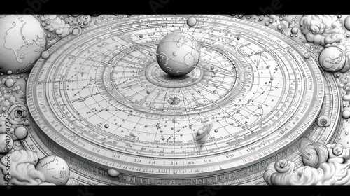 A captivating celestial model depicting the intricate movements of planets and stars in a cosmic landscape. Generative AI