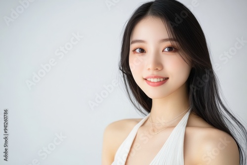 A beautiful Japanese woman with long flowing hair smiles radiantly in a white sleeveless top. The simplicity of the outfit and her joyful expression make.