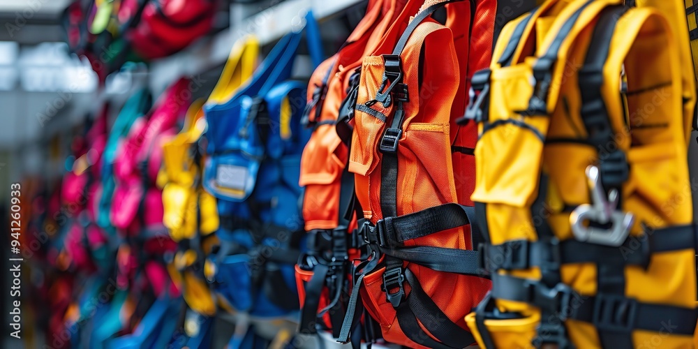 Fototapeta premium An portrait&nbsp;of a well-organized industrial safety harness and fall protection equipment arranged in a row against a hazy background and space for text, Generative AI.