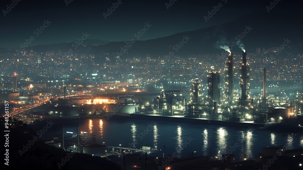 Fototapeta premium Industrial oil refinery at twilight, panoramic view, urban lights dusk colors wide-angle, realistic.