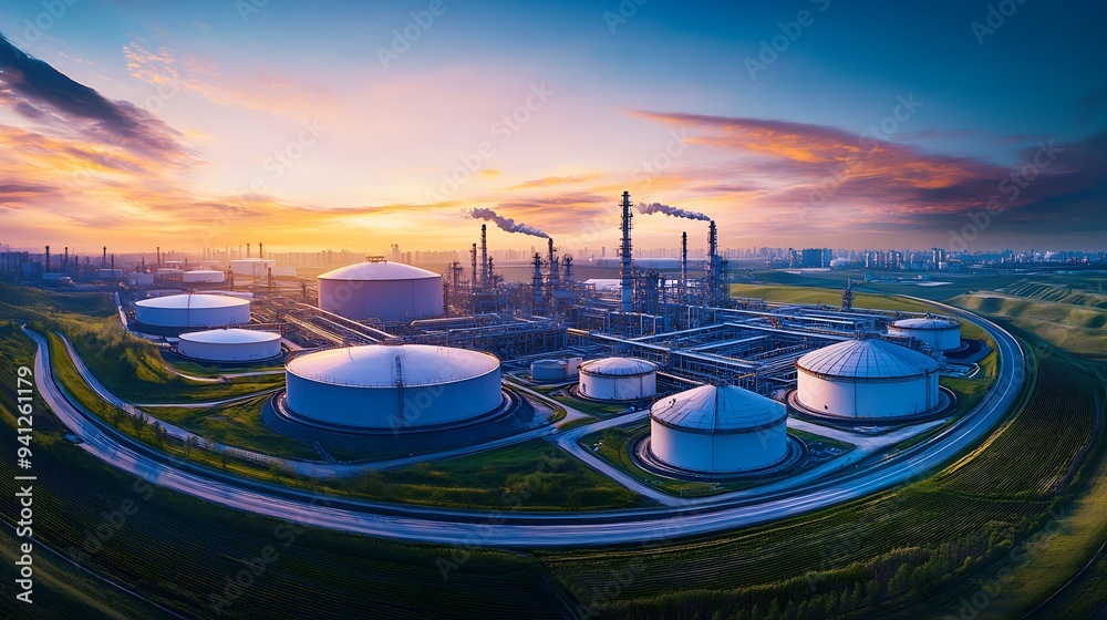 Aerial view of industrial gas storage facility in green landscape, vibrant colors drone perspective. Aerial view of industrial gas storage facility in green landscape, vibrant colors drone perspective.
