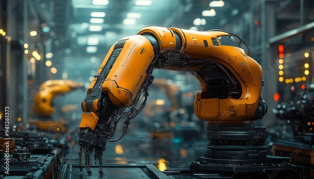 Mechanized industry robot and robotic arms for assembly in factory production. Concept of artificial intelligence for industrial revolution and automation manufacturing process Mechanized industry robot and robotic arms for assembly in factory production. Concept of artificial intelligence for industrial revolution and automation manufacturing process