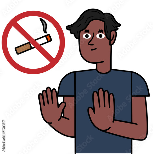 black man showing with gestures refusing to smoke.eps